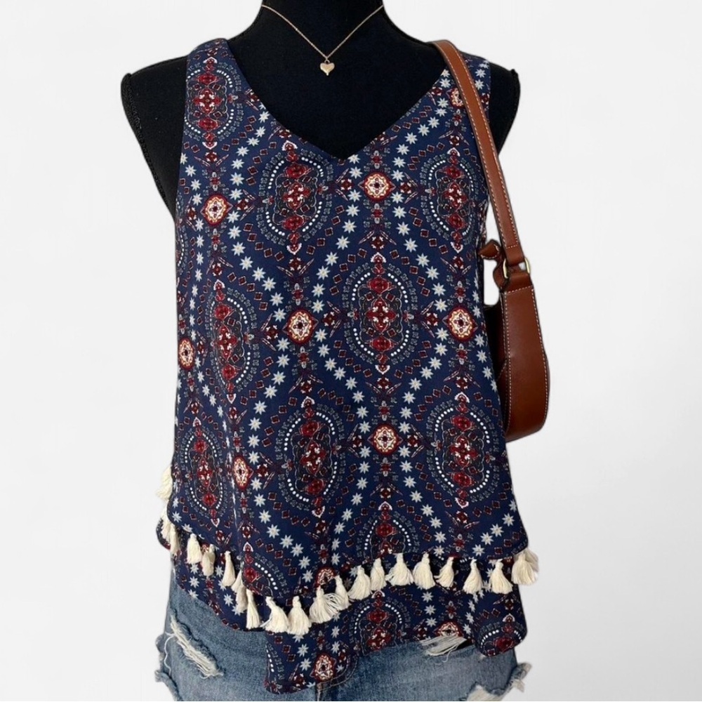 Alya Boho Tassel Hem Navy Printed V-Neck Tank Top Size Small